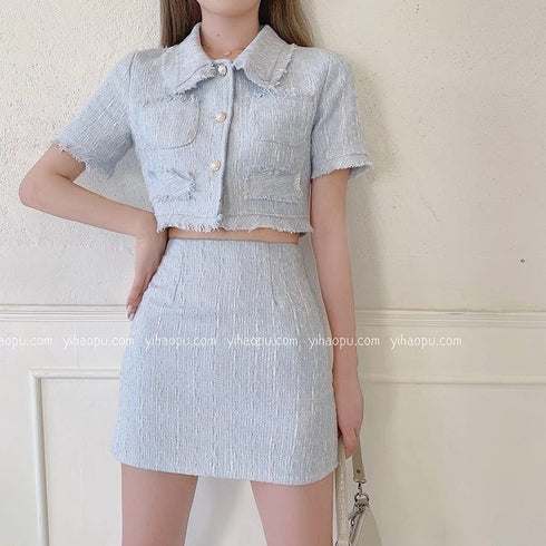 HELLO Vintage Two Piece Set Single Breasted Tassel Top with Mini Skirt